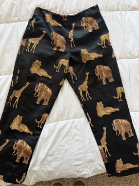 Sharon Endick Kate Black Animal-Print Pants with Gold Safari Motif